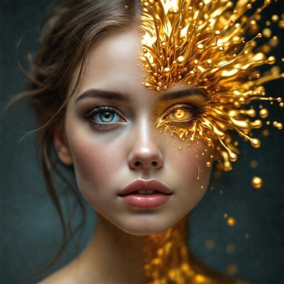 The primary subject of the image is a woman with a unique and artistic appearance. She has a split face, with one side featuring a golden glow and the other side appearing normal. The setting is a dark background, which contrasts with the woman's face and adds to the dramatic effect. The visual style is a combination of photo and digital art, creating a striking and eye-catching image. The colors and mood are predominantly dark and mysterious, with the golden glow adding a touch of warmth and